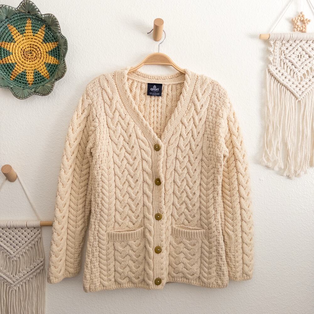 Aran Crafts 100% Irish Merino Wool Ivory Cable Knit Cardigan Sweater Small
